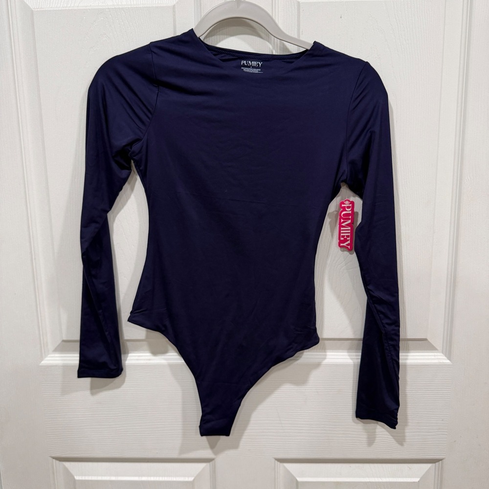 PUMIEY Womens Long Sleeve Crew Neck Thong Bodysuit Navy Blue Size S NWT